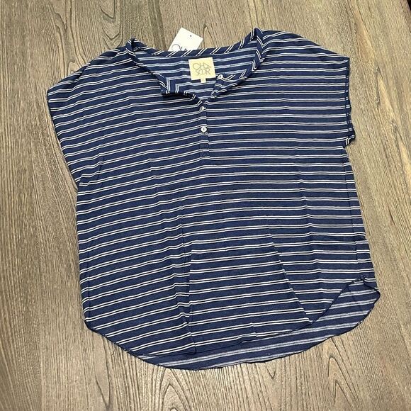 NWT Chaser Navy White Striped Shirttail Cap Sleeve Henley Tee Size M - Picture 1 of 5